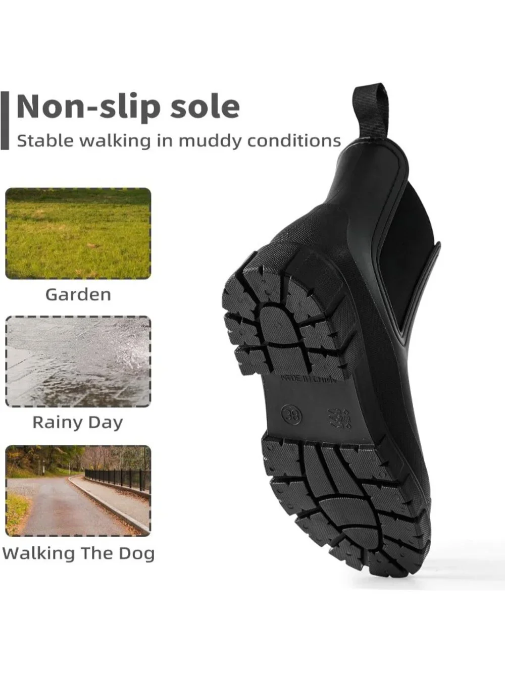 Women's Black Waterproof Slip-Resistant Rubber Short Ankle Chelsea rain Boots